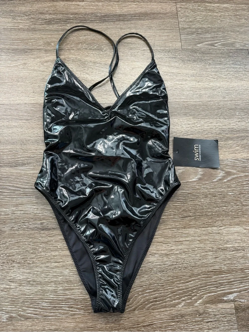 Naked Wardrobe Swim Vinyl Strappy Back One-Piece Black